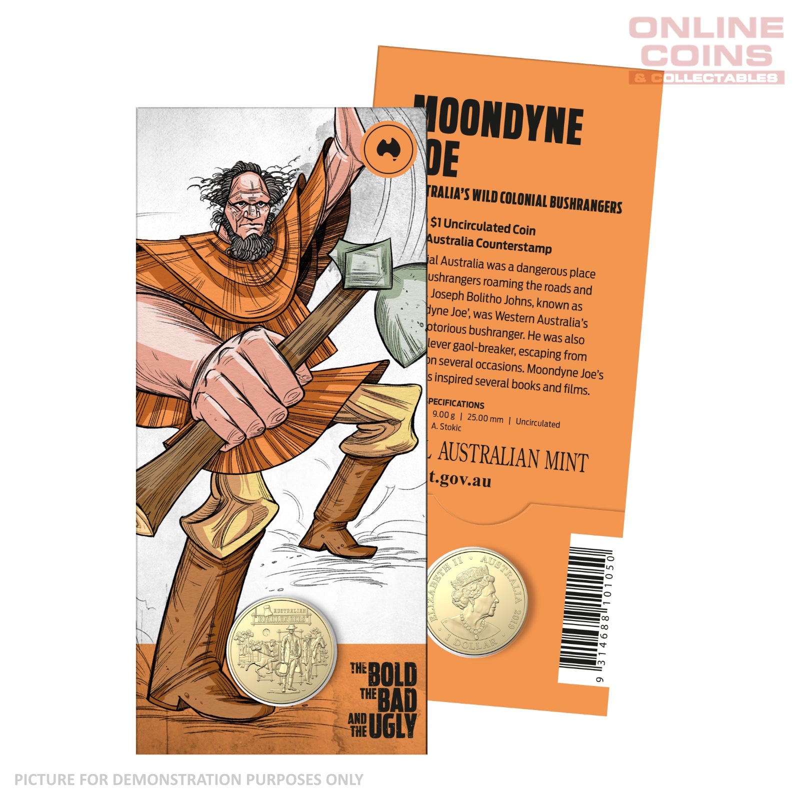 2019 $1 AlBr Australia Map Counterstamp Uncirculated Carded Coin - Moondyne Joe